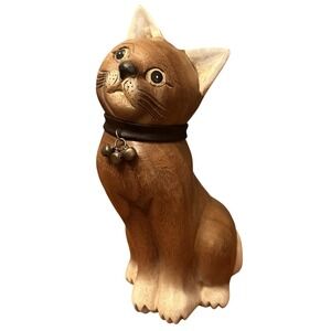 Wooden Cat Figurine 10.5" Brown Excellent Hand Carved Folk Art Walnut Vintage